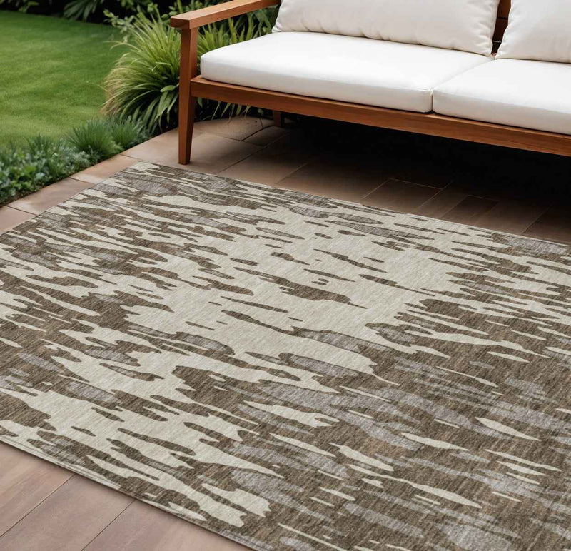 10' X 14' Brown And Ivory Abstract Washable Indoor Outdoor Area Rug