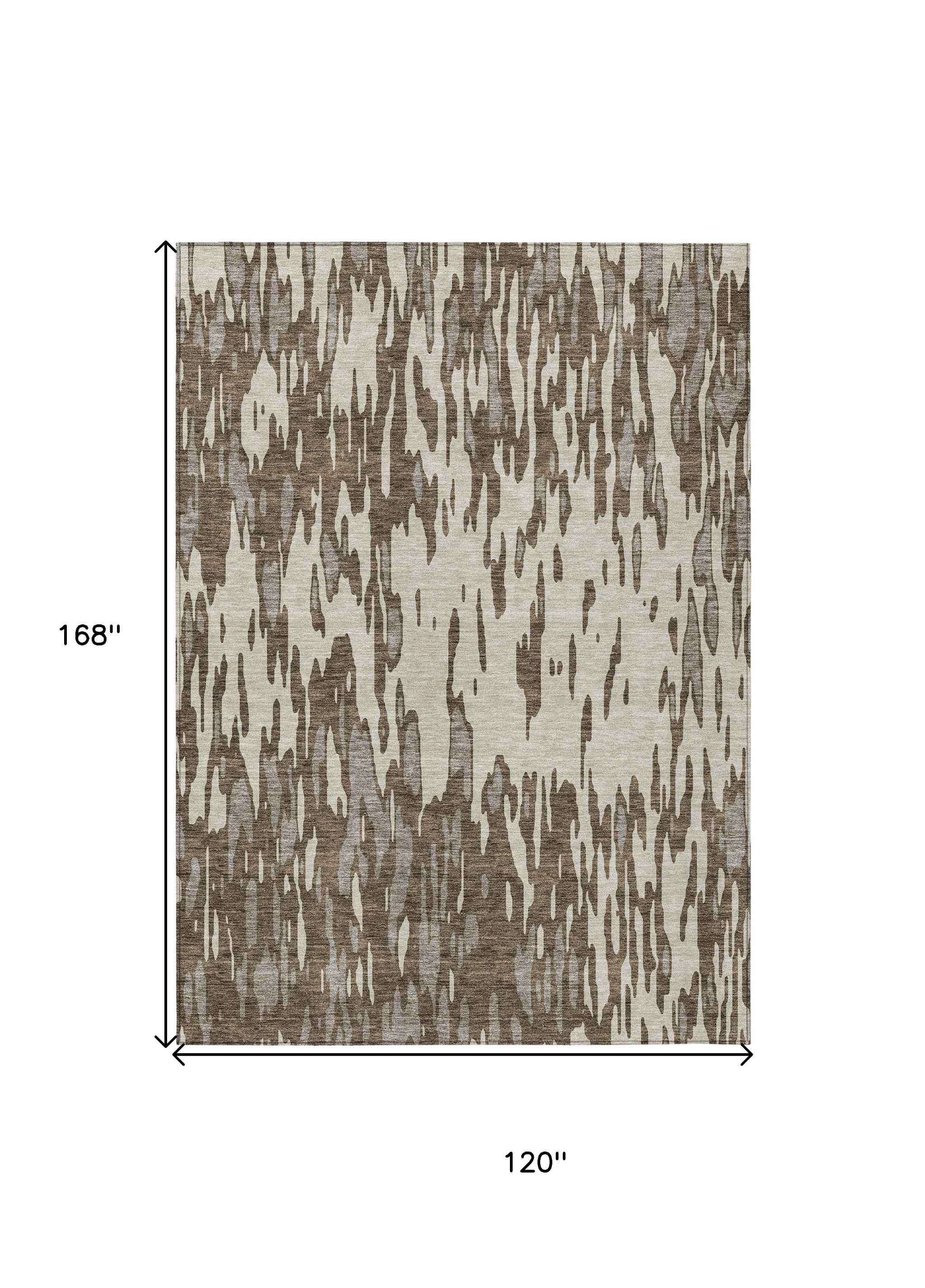 10' X 14' Brown And Ivory Abstract Washable Indoor Outdoor Area Rug
