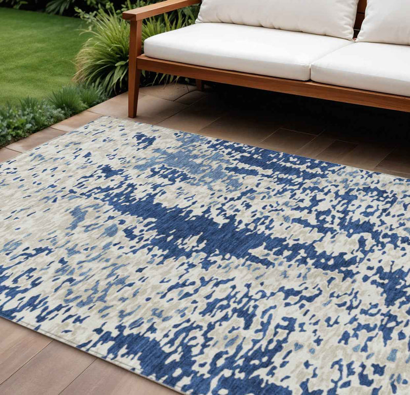 10' X 14' Navy Blue And Ivory Abstract Washable Indoor Outdoor Area Rug