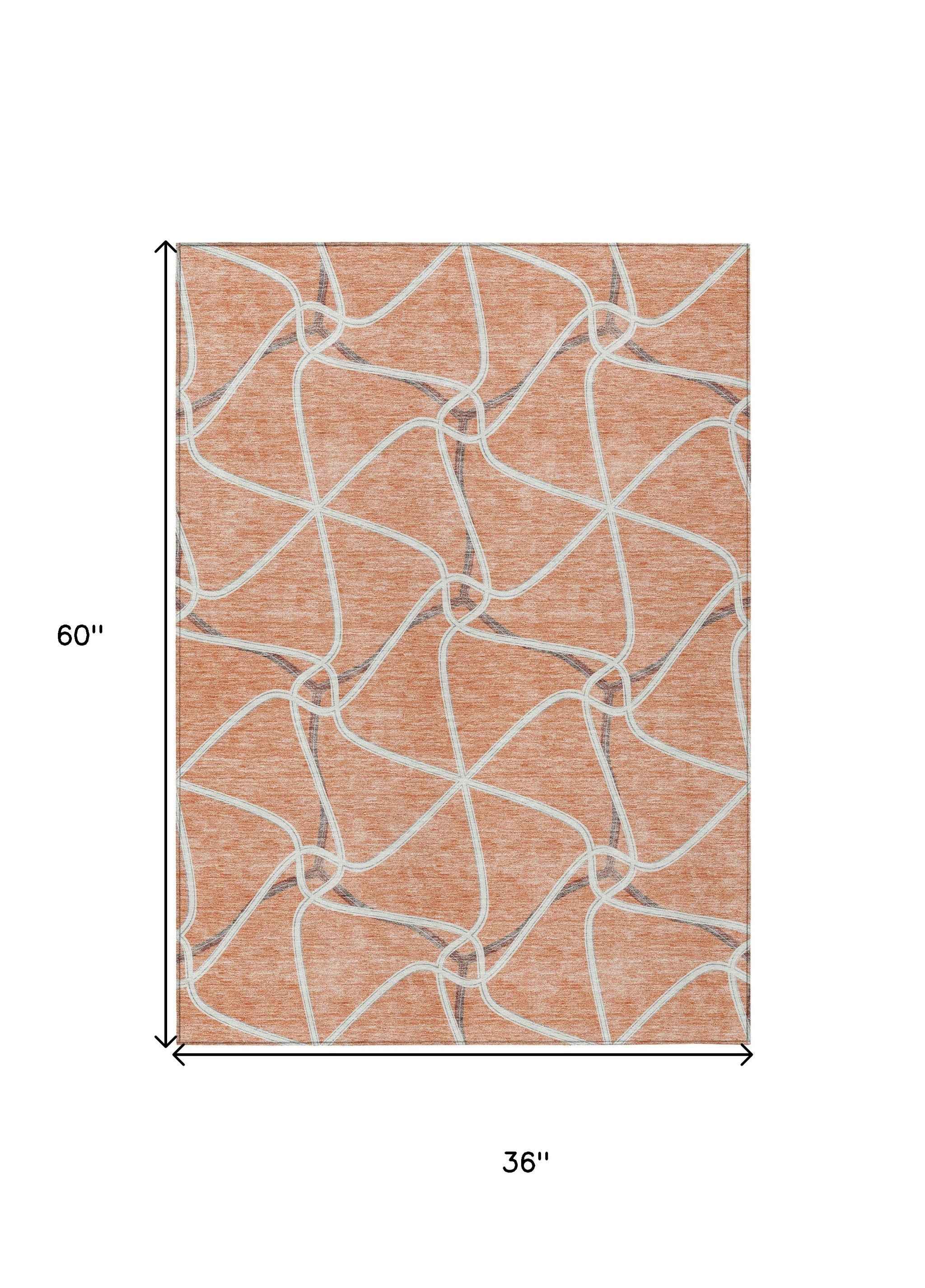 3' X 5' Salmon And Ivory Geometric Washable Indoor Outdoor Area Rug