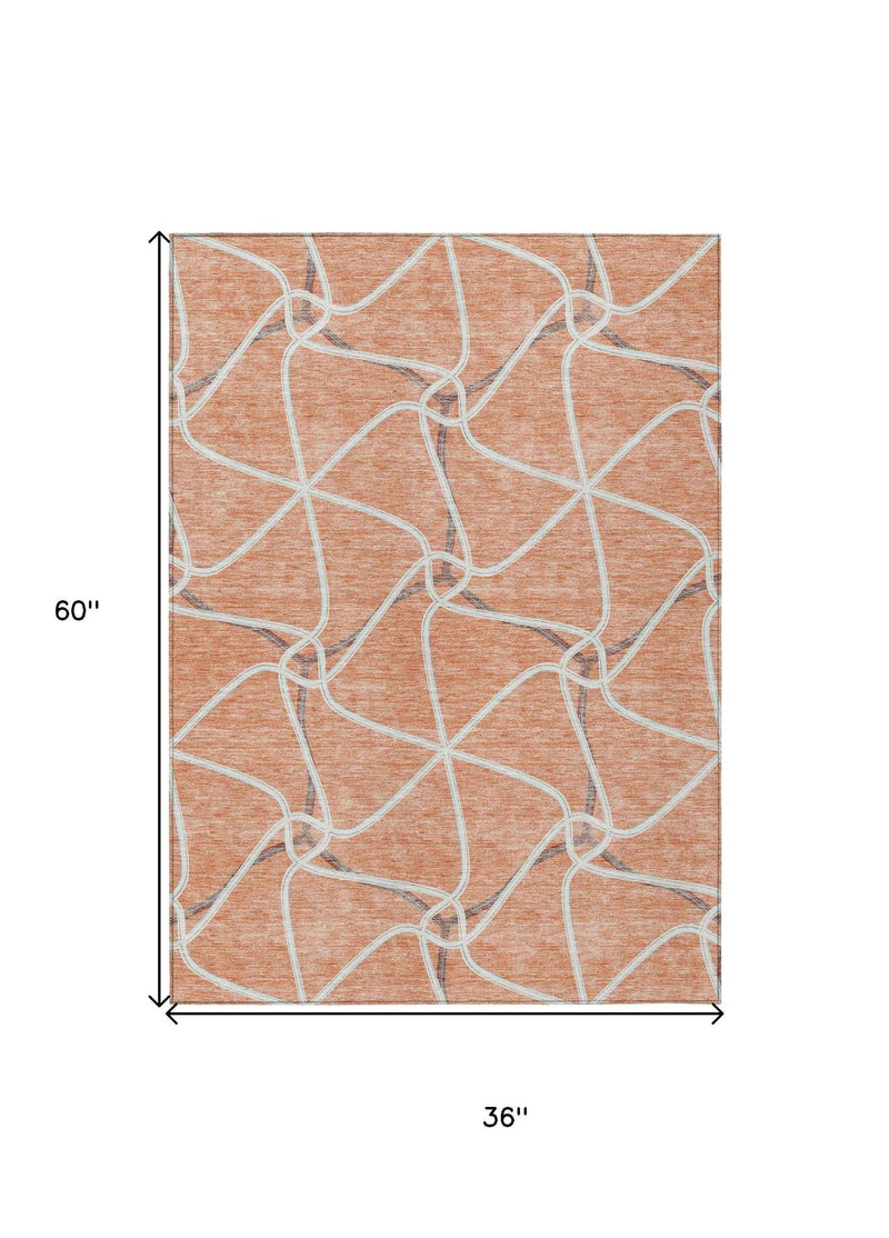 3' X 5' Salmon And Ivory Geometric Washable Indoor Outdoor Area Rug