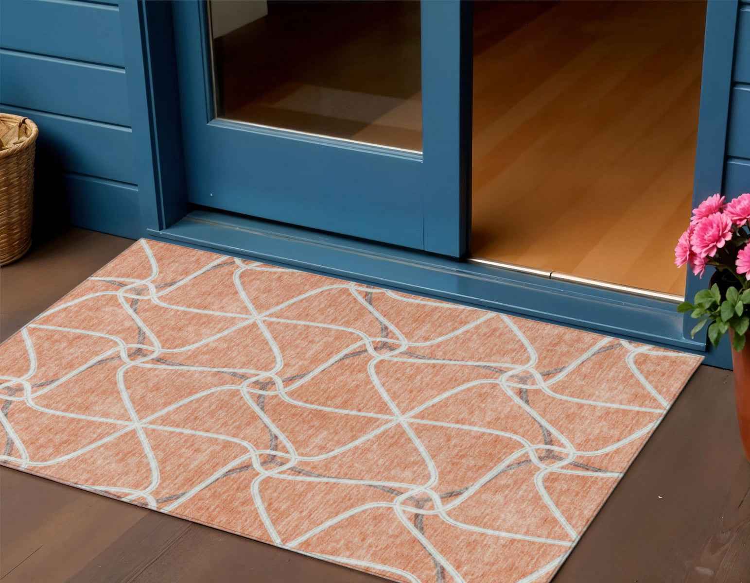 3' X 5' Salmon And Ivory Geometric Washable Indoor Outdoor Area Rug
