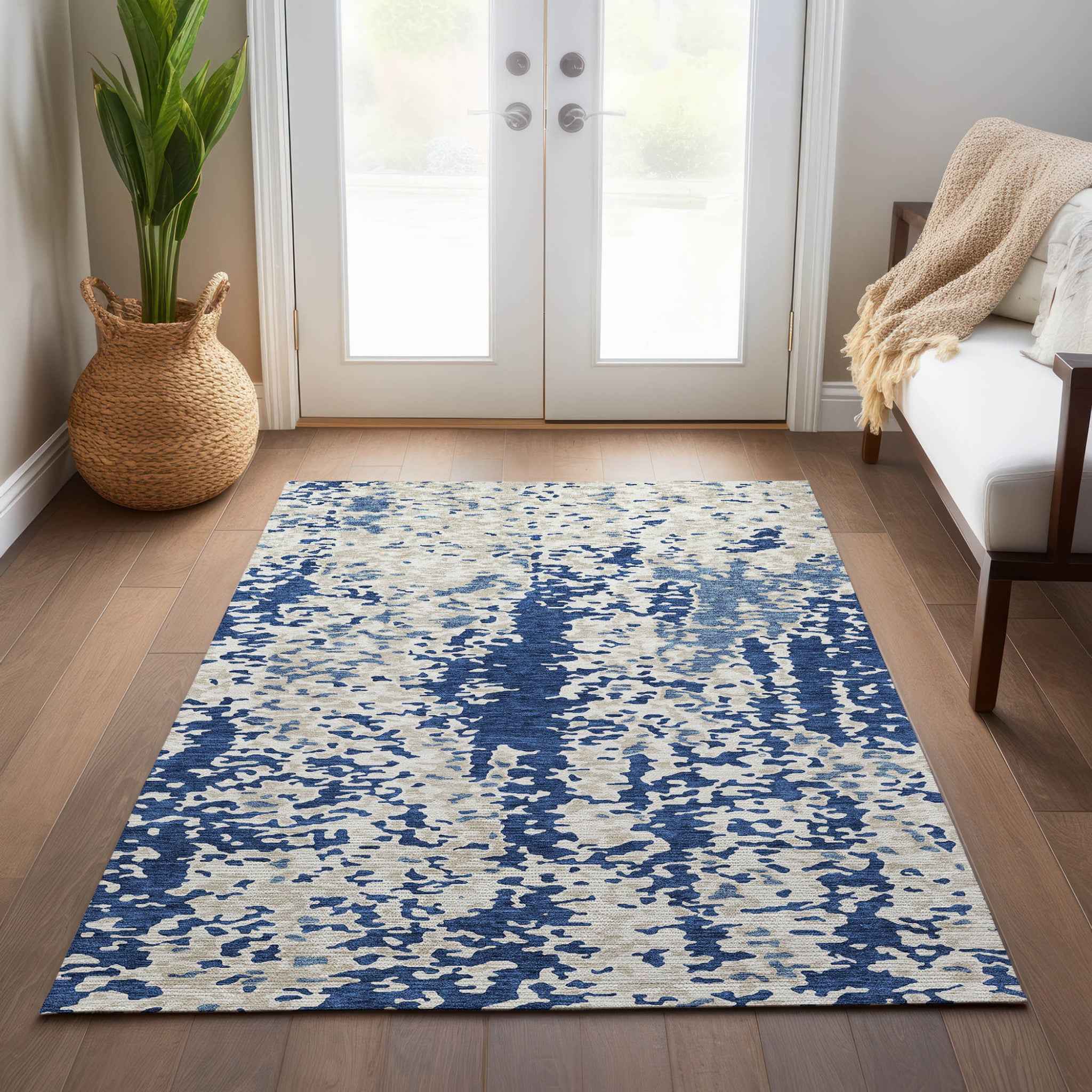 10' X 14' Navy Blue And Ivory Abstract Washable Indoor Outdoor Area Rug
