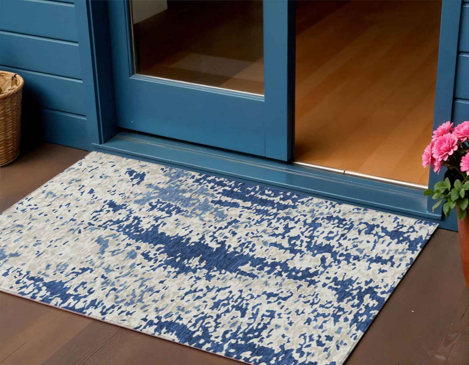 3' X 5' Navy Blue And Ivory Abstract Washable Indoor Outdoor Area Rug