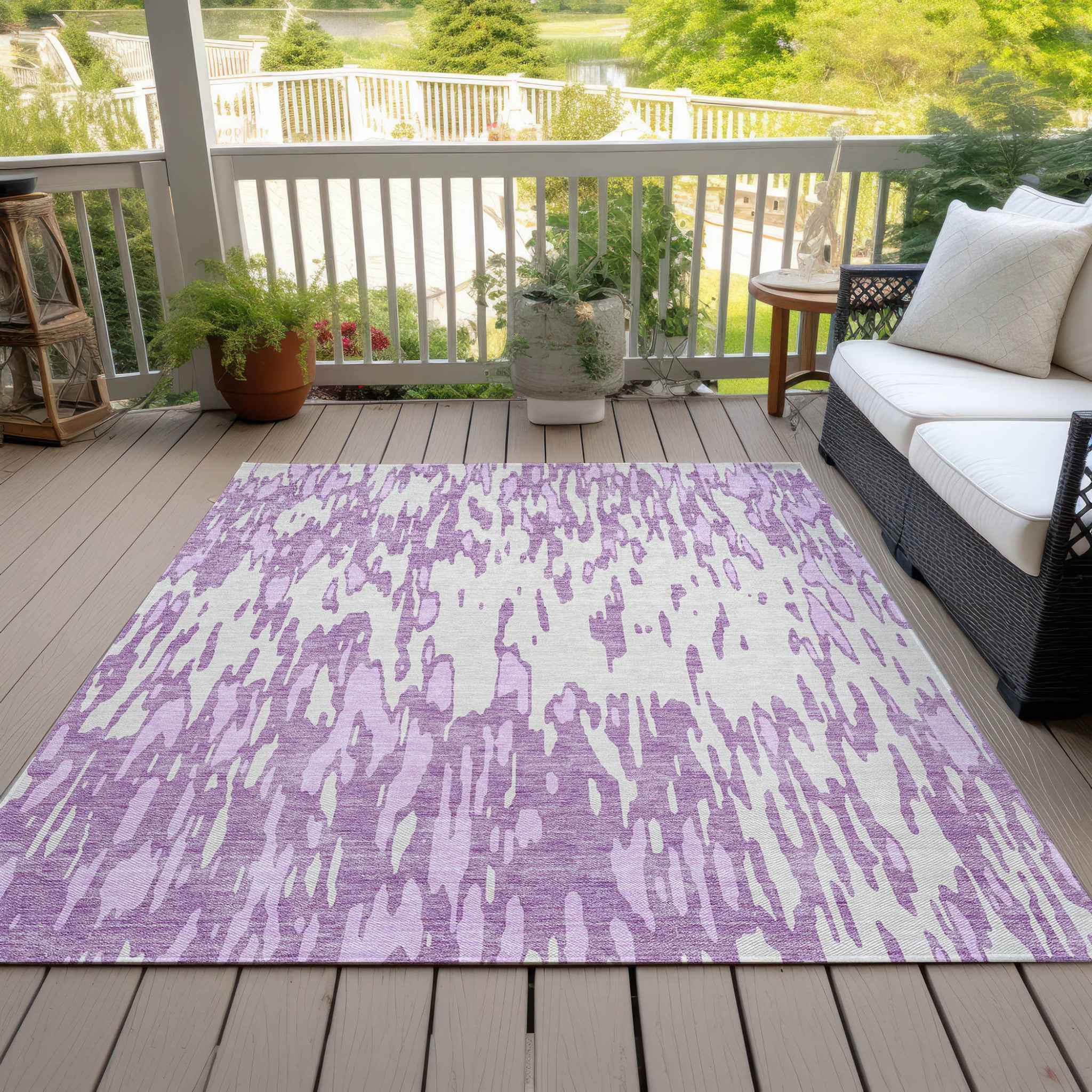 10' X 14' Lavender And Ivory Abstract Washable Indoor Outdoor Area Rug