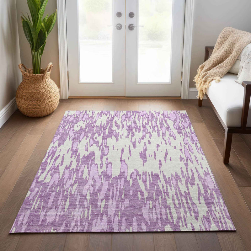 8' X 10' Lavender And Ivory Abstract Washable Indoor Outdoor Area Rug