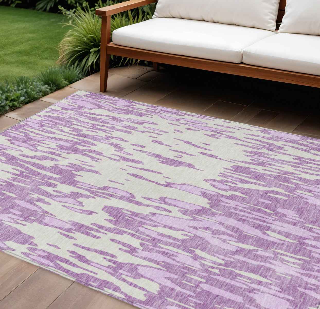 8' X 10' Lavender And Ivory Abstract Washable Indoor Outdoor Area Rug