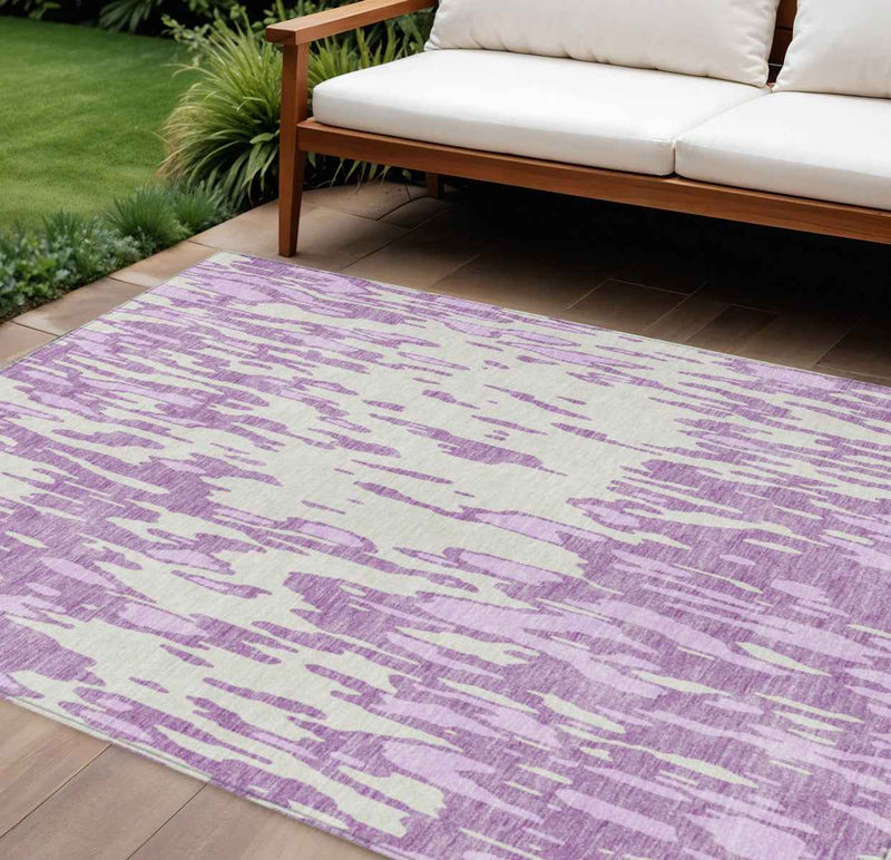 8' X 10' Lavender And Ivory Abstract Washable Indoor Outdoor Area Rug