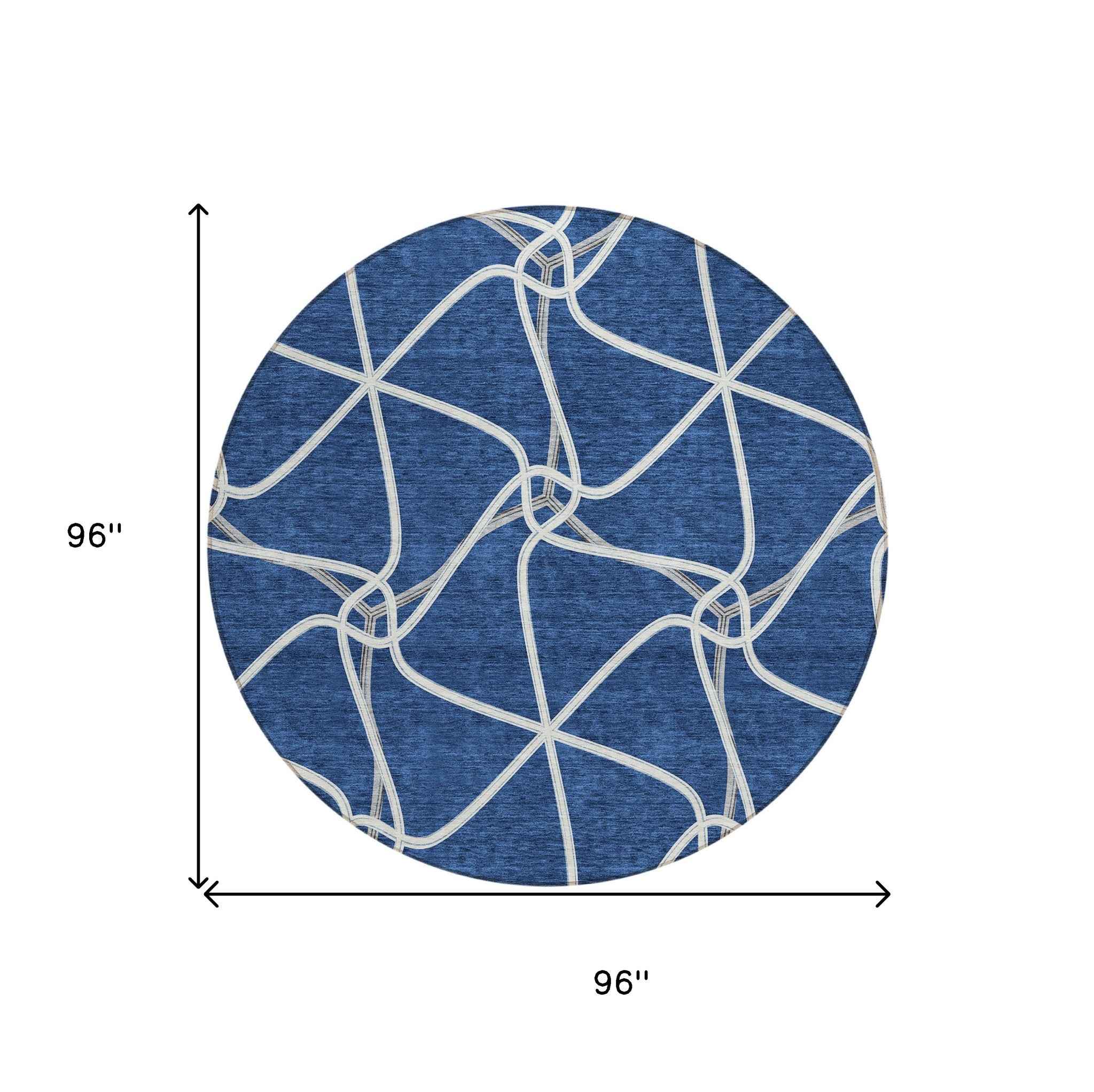 8' Blue And Ivory Round Geometric Washable Indoor Outdoor Area Rug
