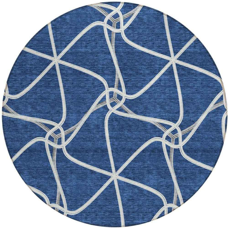 8' Blue And Ivory Round Geometric Washable Indoor Outdoor Area Rug