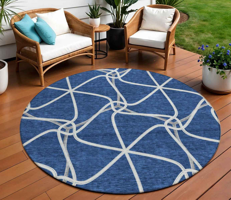 8' Blue And Ivory Round Geometric Washable Indoor Outdoor Area Rug