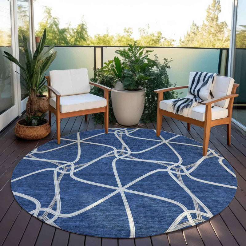8' Blue And Ivory Round Geometric Washable Indoor Outdoor Area Rug