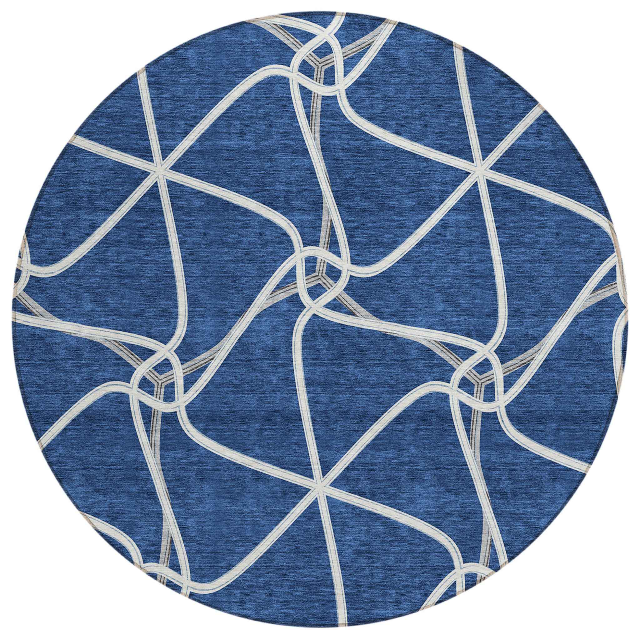 8' Blue And Ivory Round Geometric Washable Indoor Outdoor Area Rug