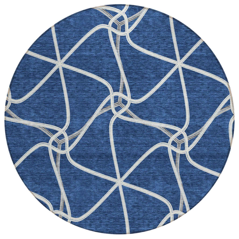 8' Blue And Ivory Round Geometric Washable Indoor Outdoor Area Rug