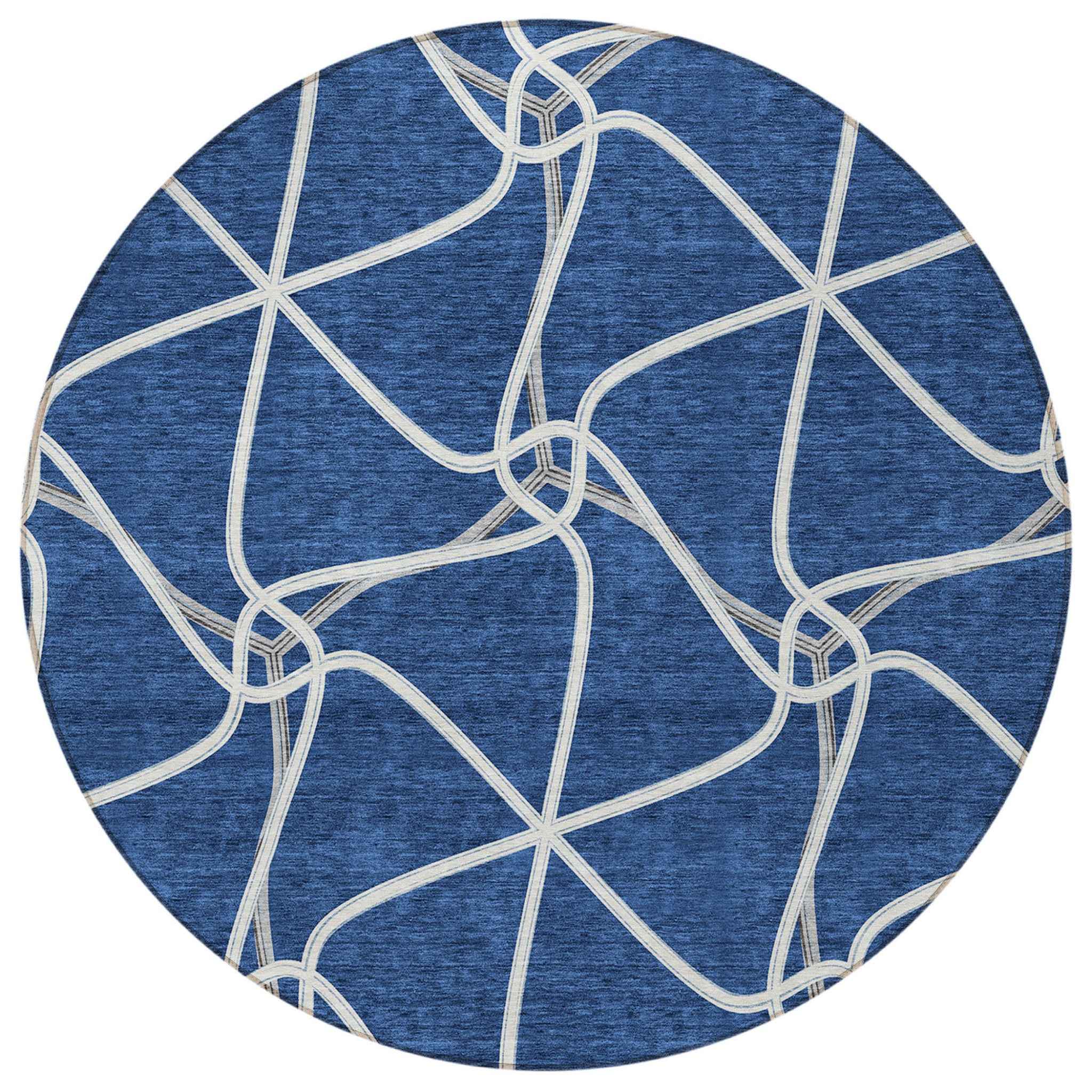 8' Blue And Ivory Round Geometric Washable Indoor Outdoor Area Rug