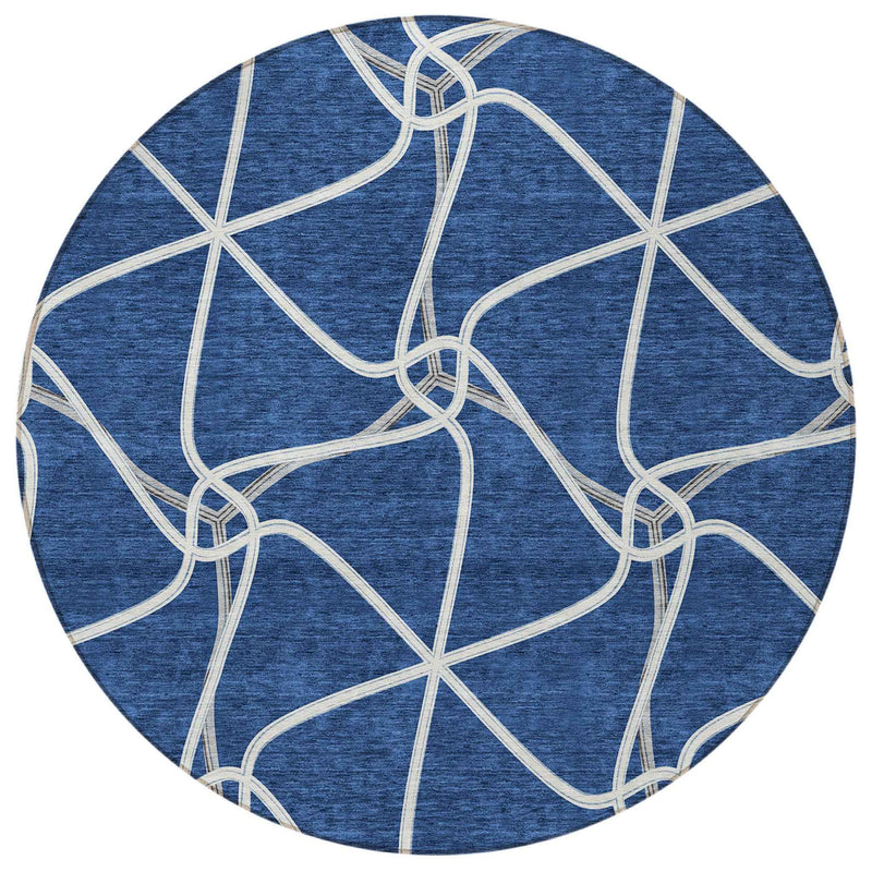 8' Blue And Ivory Round Geometric Washable Indoor Outdoor Area Rug