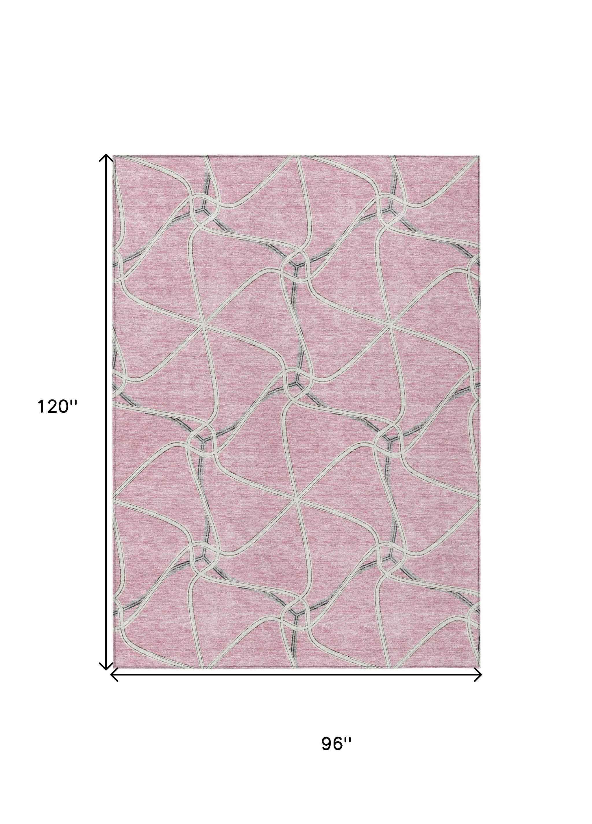 8' X 10' Pink And Ivory Geometric Washable Indoor Outdoor Area Rug
