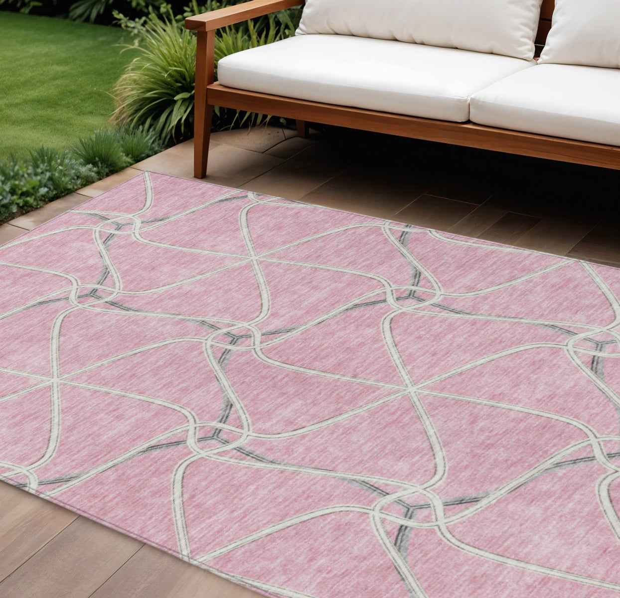 8' X 10' Pink And Ivory Geometric Washable Indoor Outdoor Area Rug