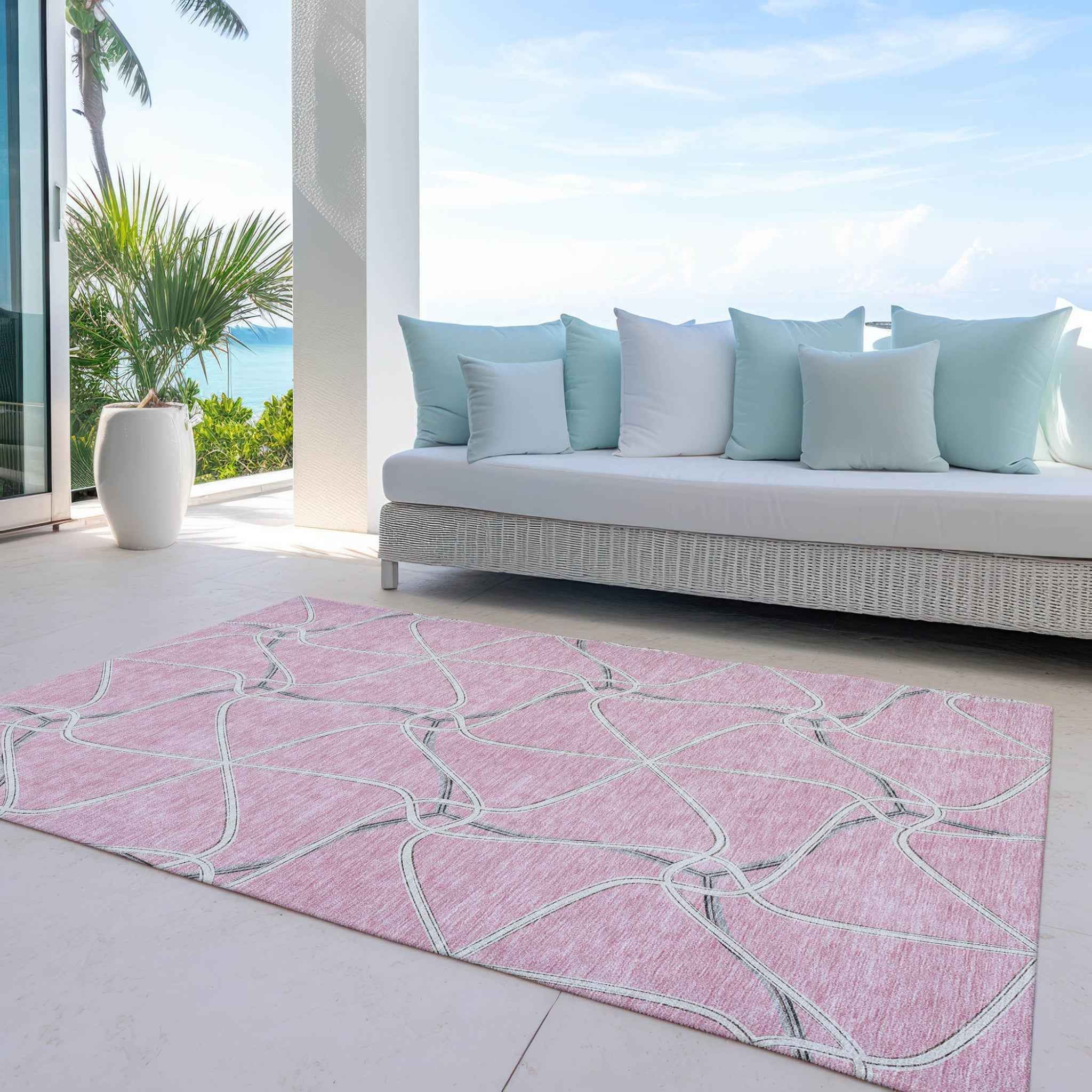 8' X 10' Pink And Ivory Geometric Washable Indoor Outdoor Area Rug