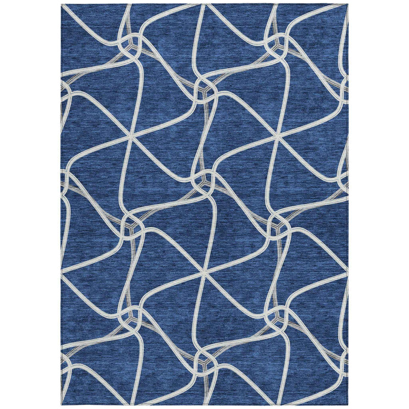 8' X 10' Blue And Ivory Geometric Washable Indoor Outdoor Area Rug
