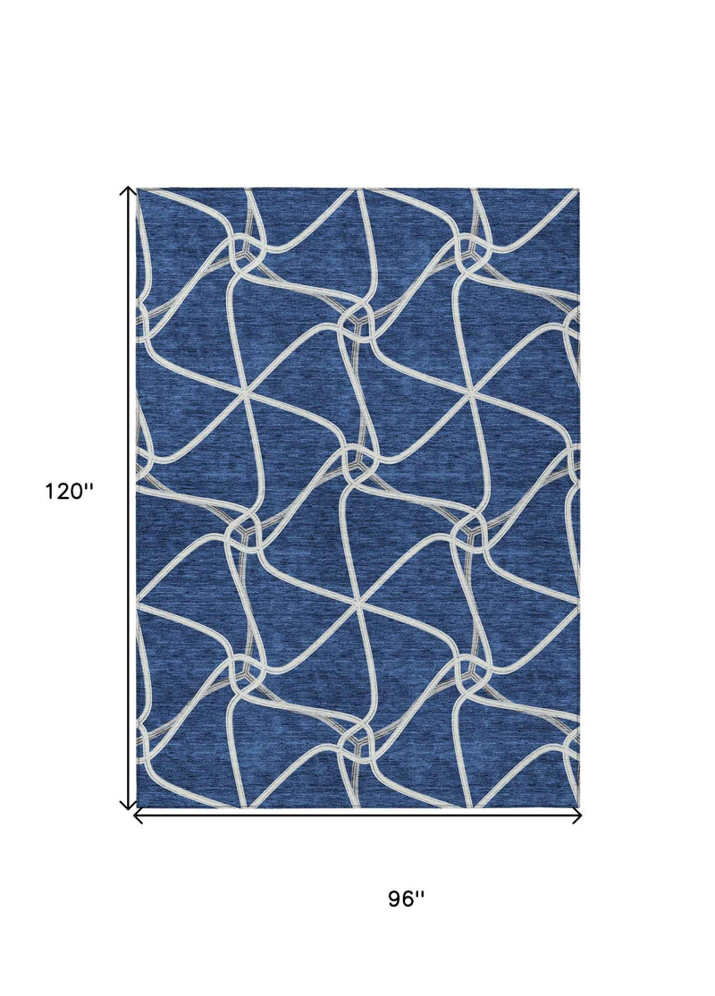 8' X 10' Blue And Ivory Geometric Washable Indoor Outdoor Area Rug