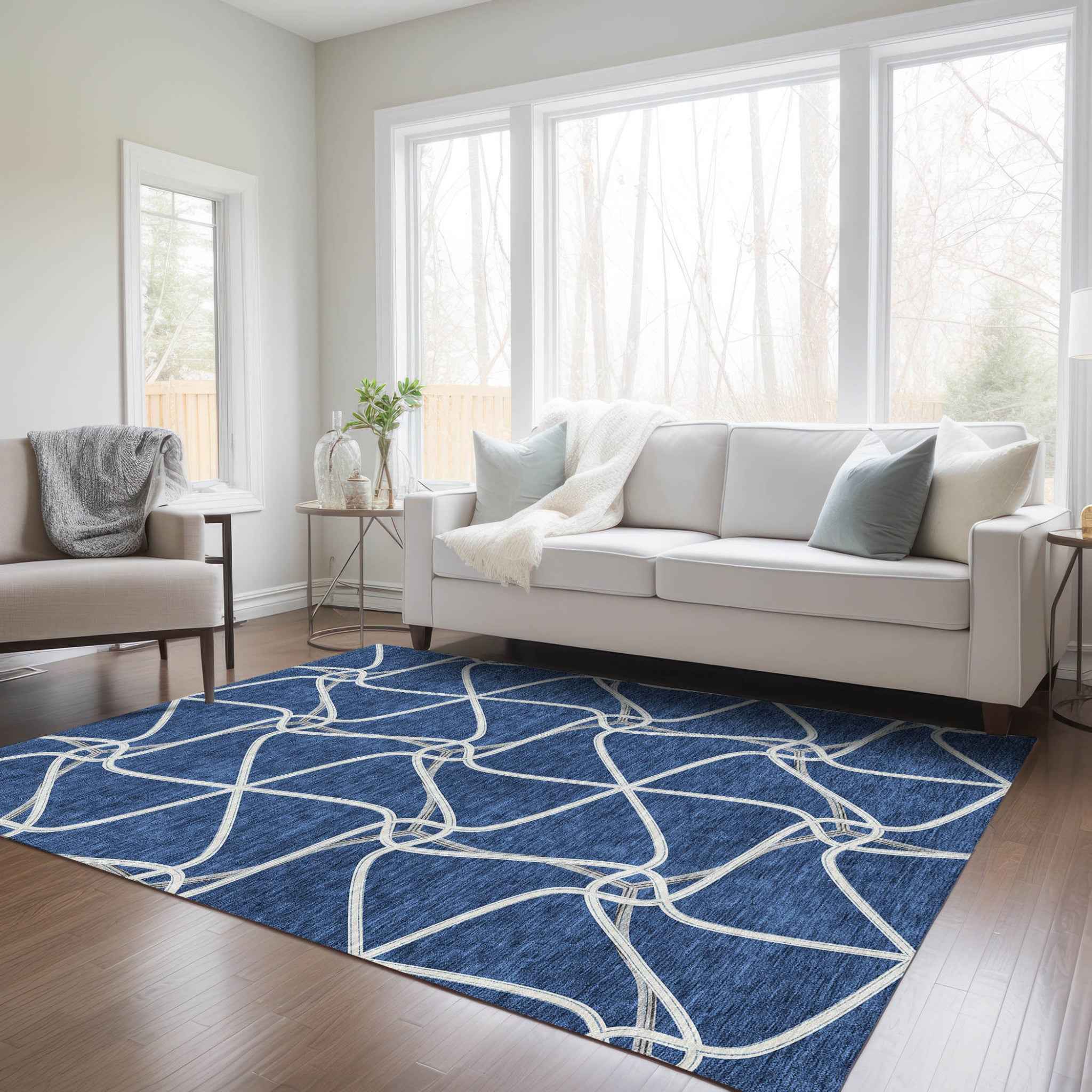 8' X 10' Blue And Ivory Geometric Washable Indoor Outdoor Area Rug