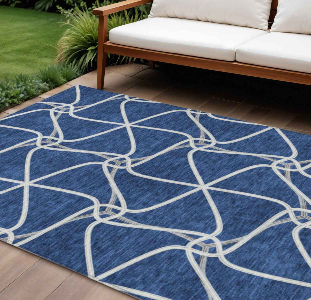 8' X 10' Blue And Ivory Geometric Washable Indoor Outdoor Area Rug