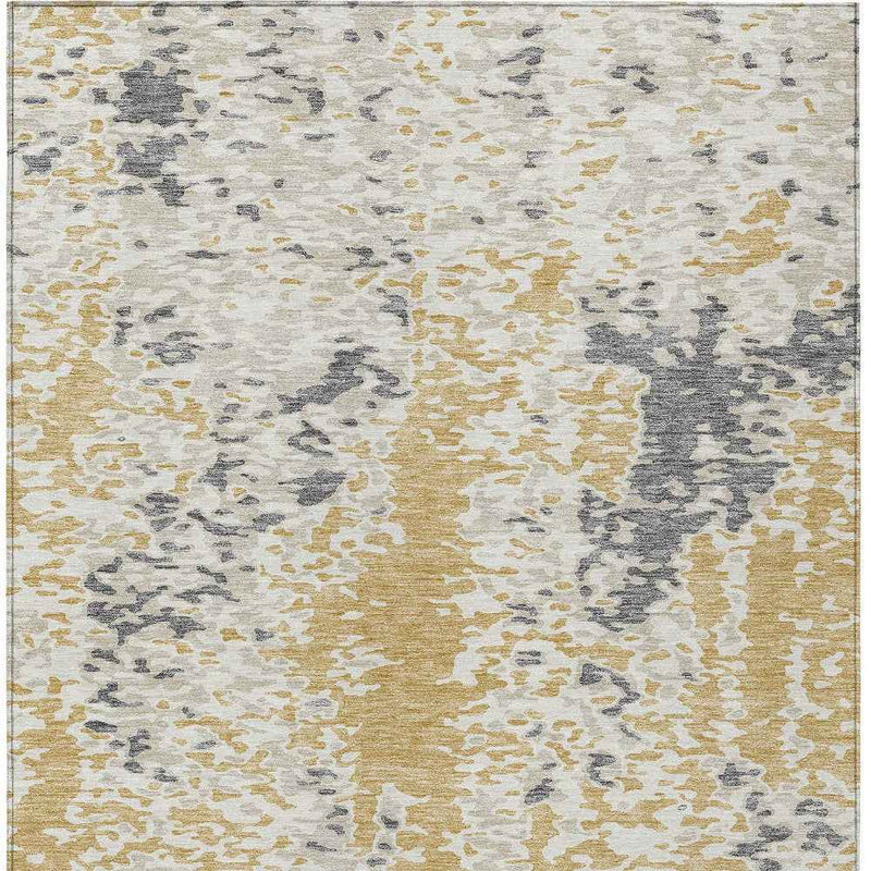 9' X 12' Gold And Ivory Abstract Washable Indoor Outdoor Area Rug