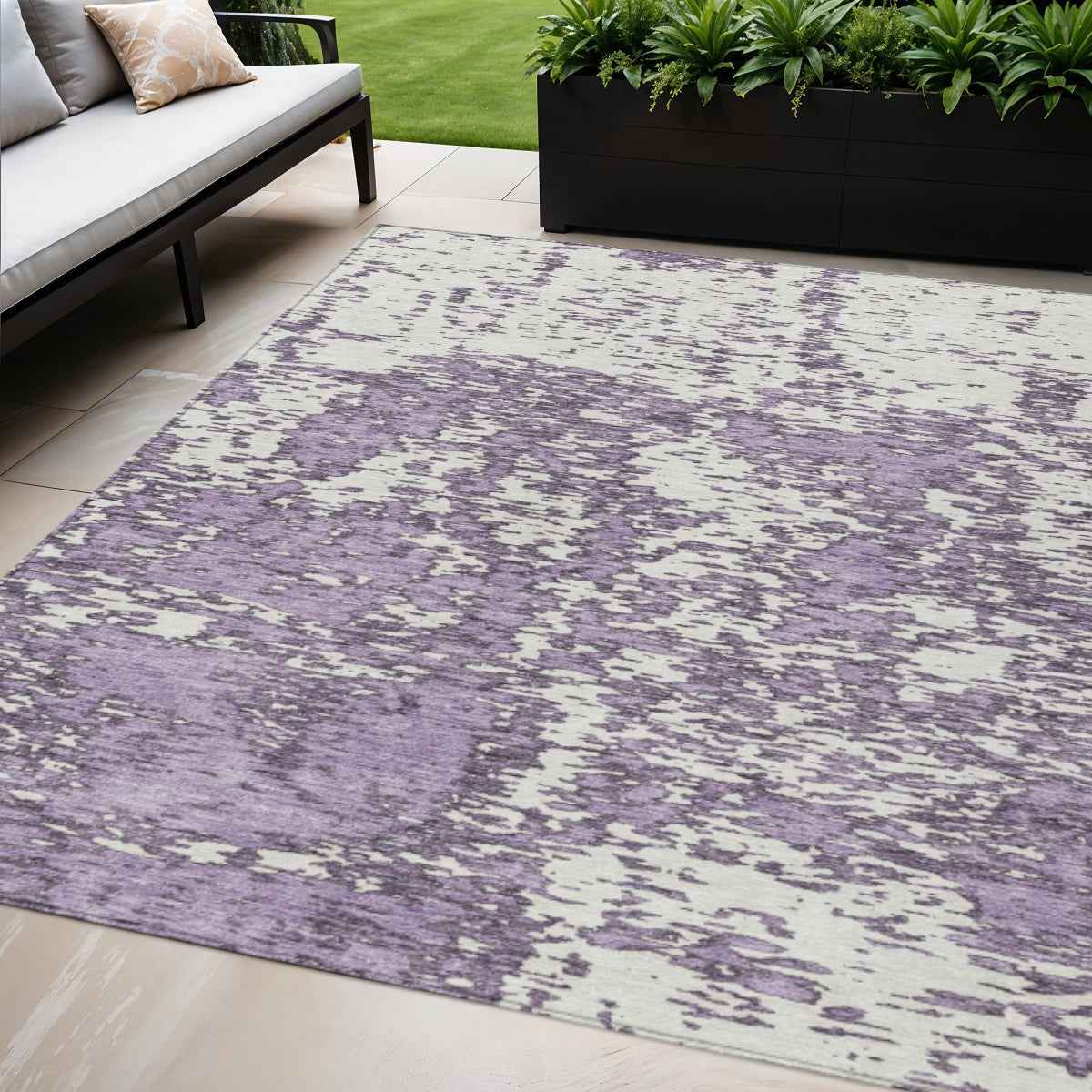 5' X 8' Lavender And Ivory Abstract Washable Indoor Outdoor Area Rug