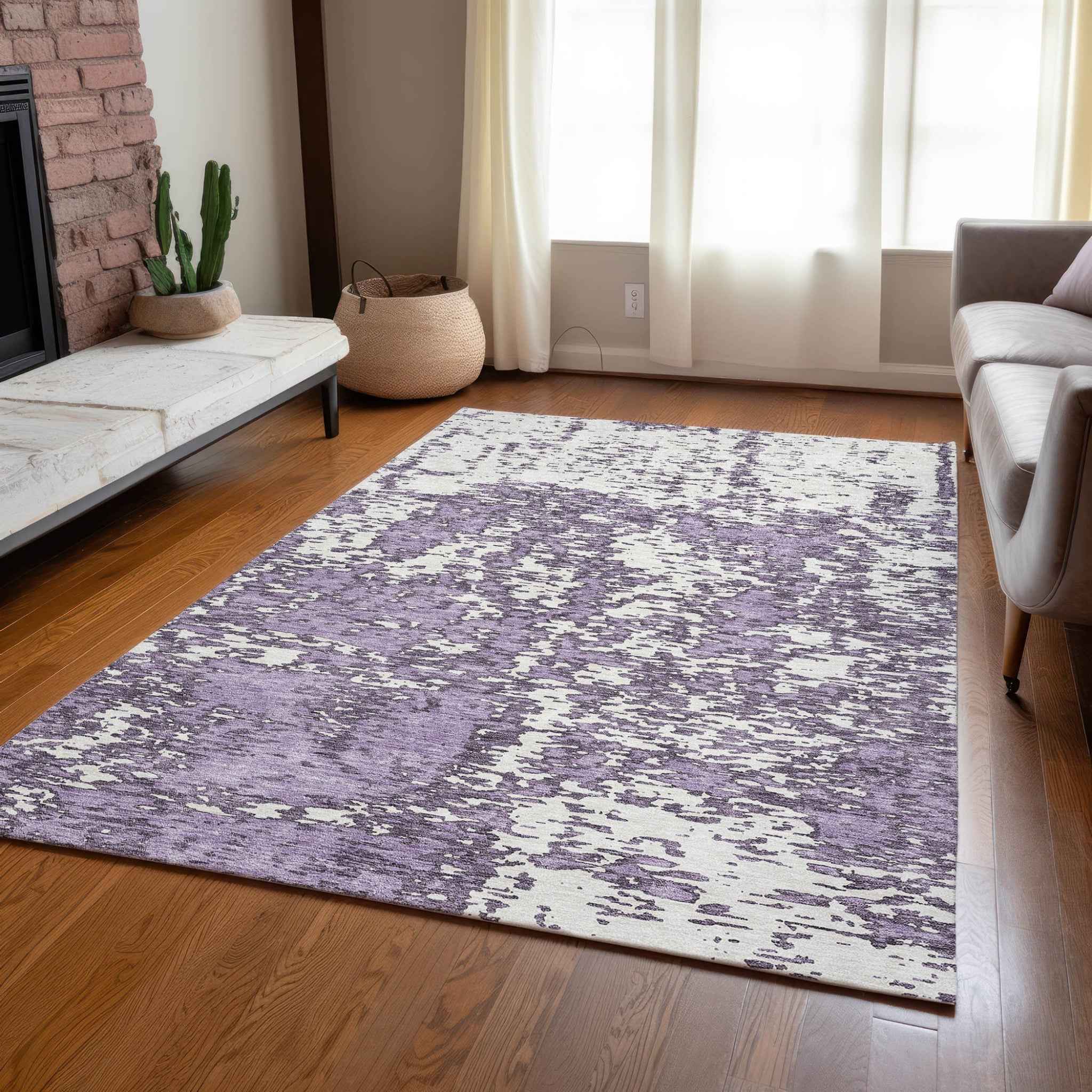 5' X 8' Lavender And Ivory Abstract Washable Indoor Outdoor Area Rug