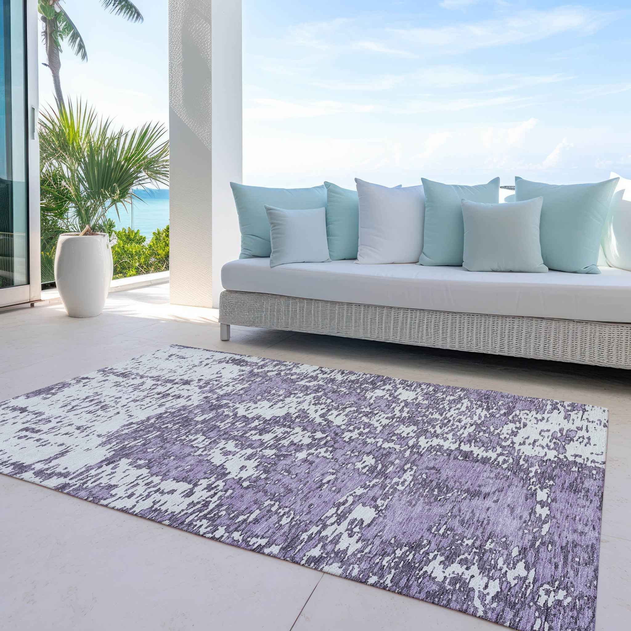 5' X 8' Lavender And Ivory Abstract Washable Indoor Outdoor Area Rug