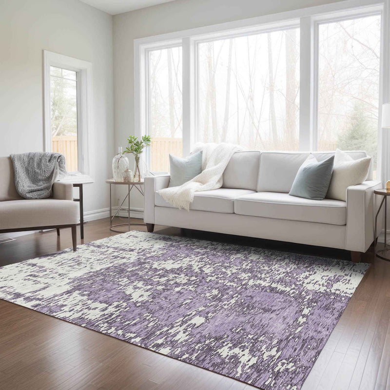 5' X 8' Lavender And Ivory Abstract Washable Indoor Outdoor Area Rug