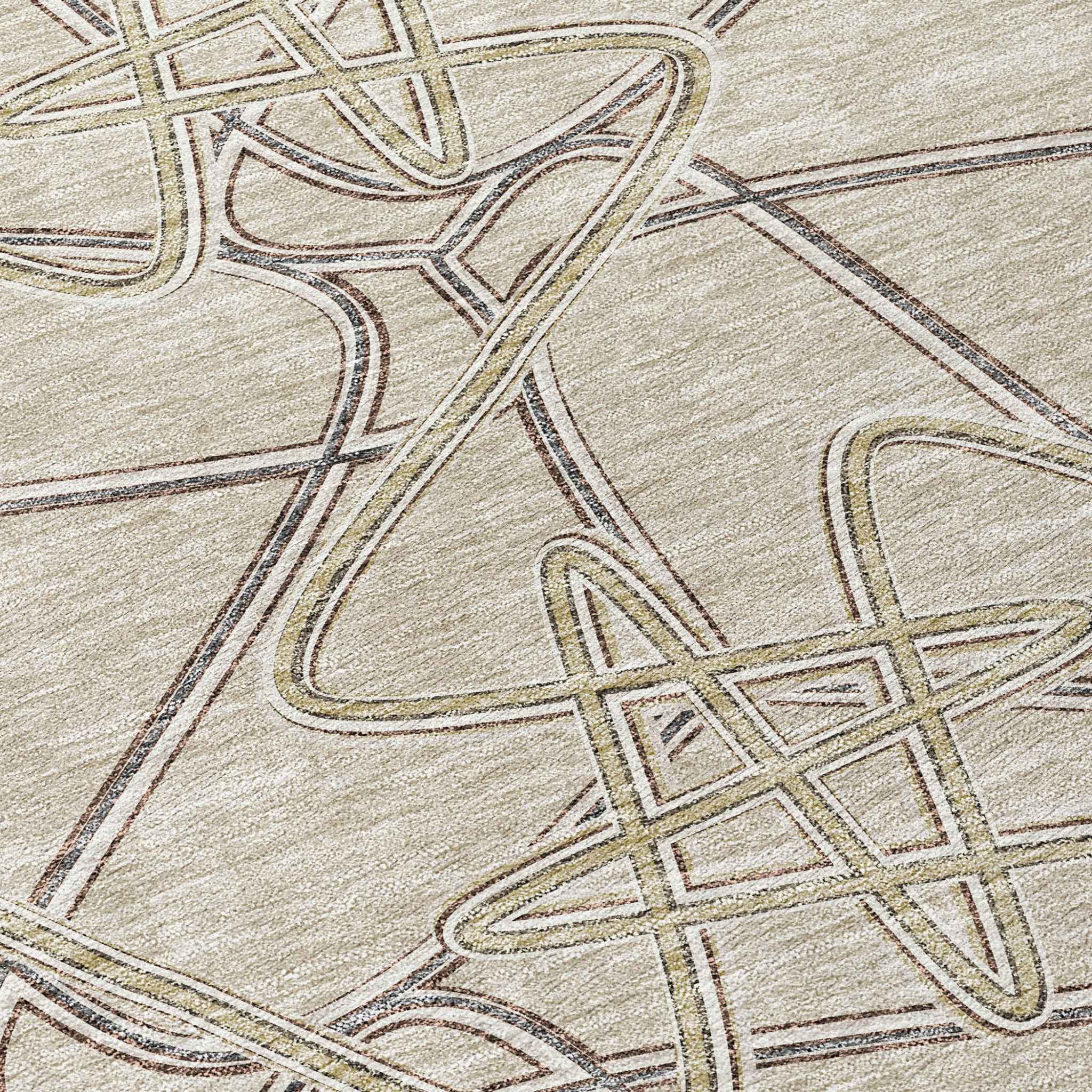 8' Beige Ivory And Gray Round Geometric Washable Indoor Outdoor Area Rug