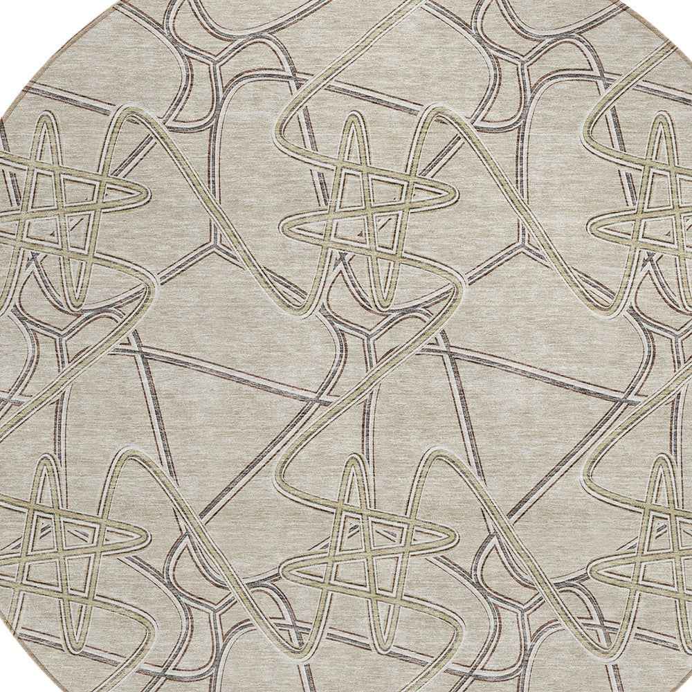 8' Beige Ivory And Gray Round Geometric Washable Indoor Outdoor Area Rug