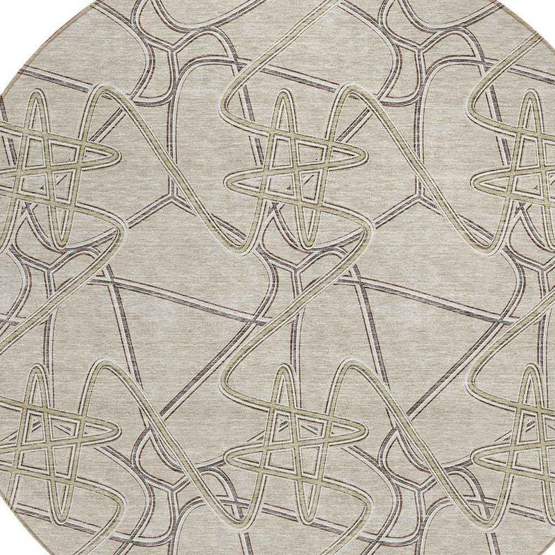 8' Beige Ivory And Gray Round Geometric Washable Indoor Outdoor Area Rug