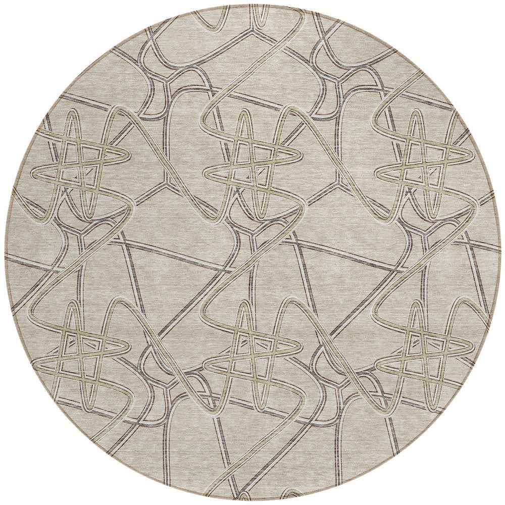8' Beige Ivory And Gray Round Geometric Washable Indoor Outdoor Area Rug