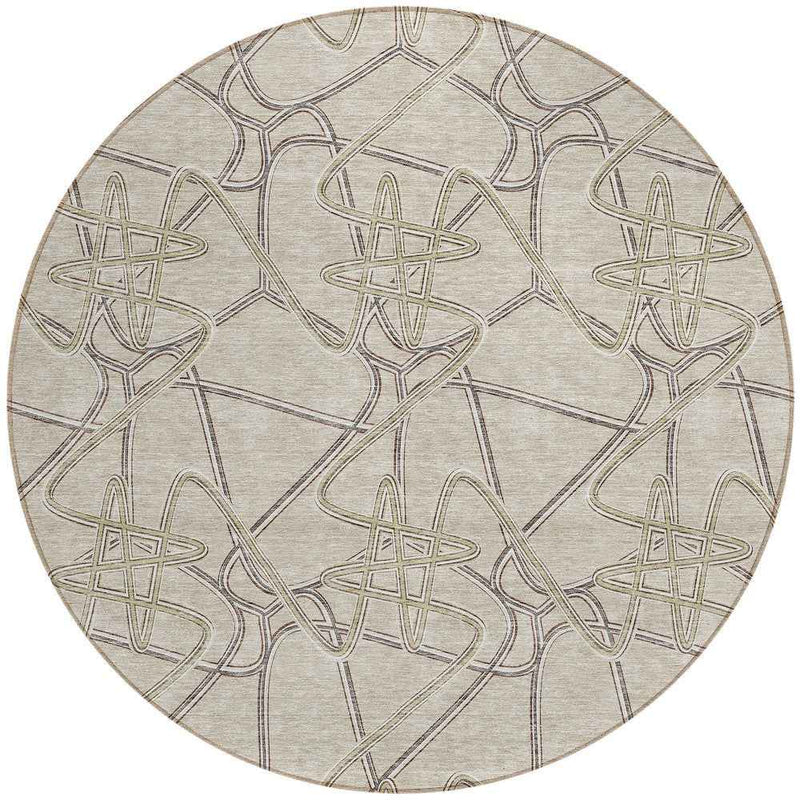8' Beige Ivory And Gray Round Geometric Washable Indoor Outdoor Area Rug