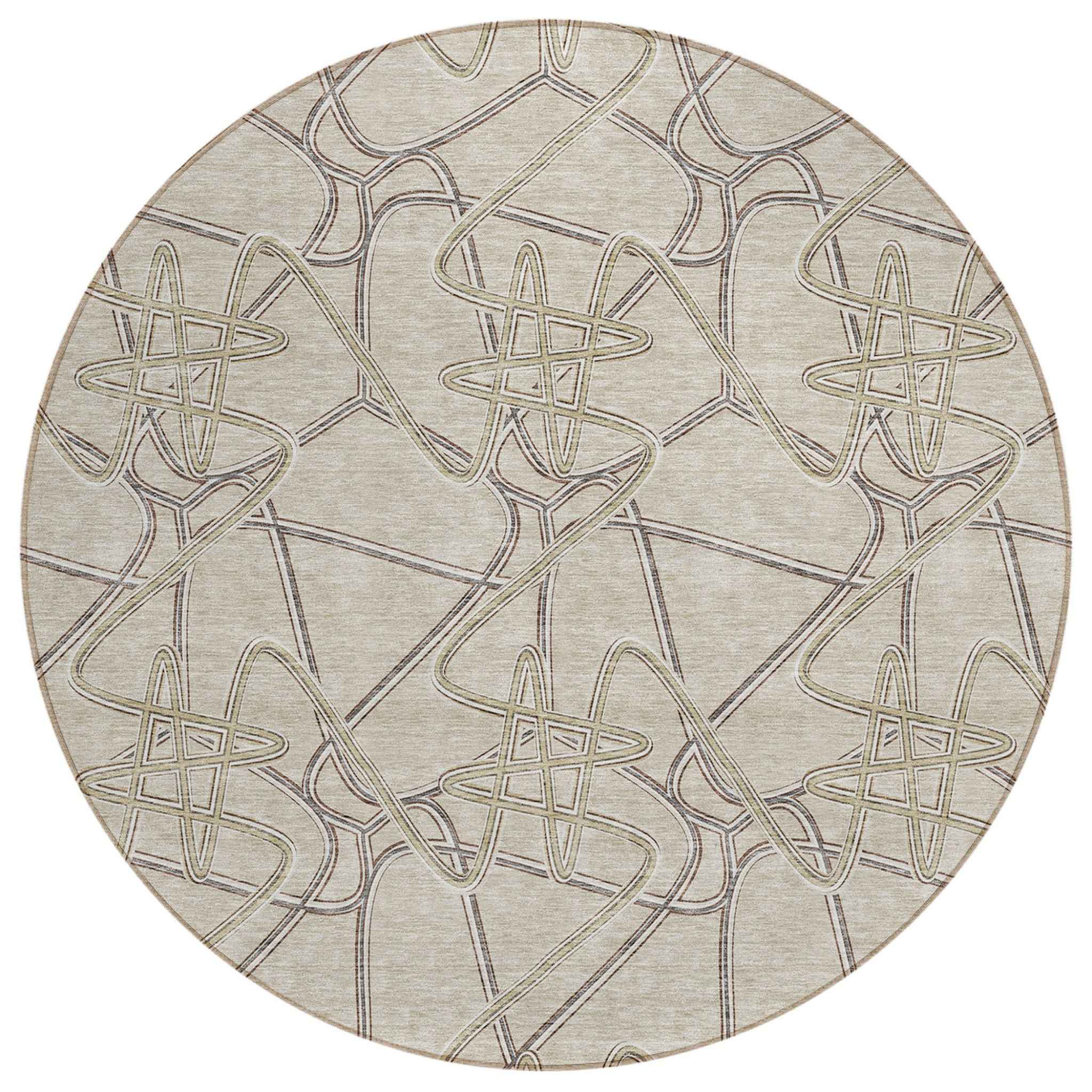 8' Beige Ivory And Gray Round Geometric Washable Indoor Outdoor Area Rug
