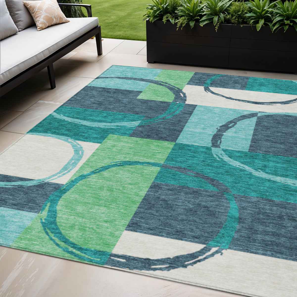 5' X 8' Teal Blue And Green Geometric Washable Indoor Outdoor Area Rug