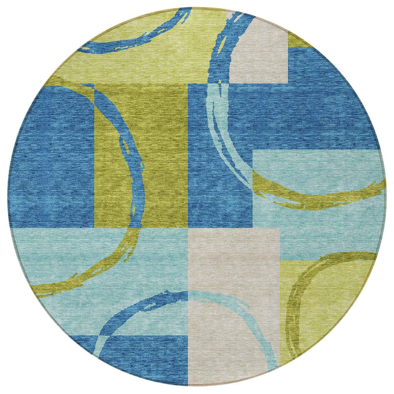 8' Denim Blue And Lime Green Round Geometric Washable Indoor Outdoor Area Rug