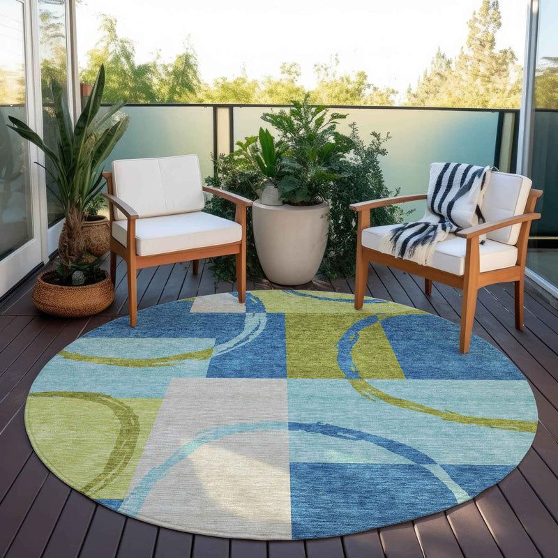 8' Denim Blue And Lime Green Round Geometric Washable Indoor Outdoor Area Rug