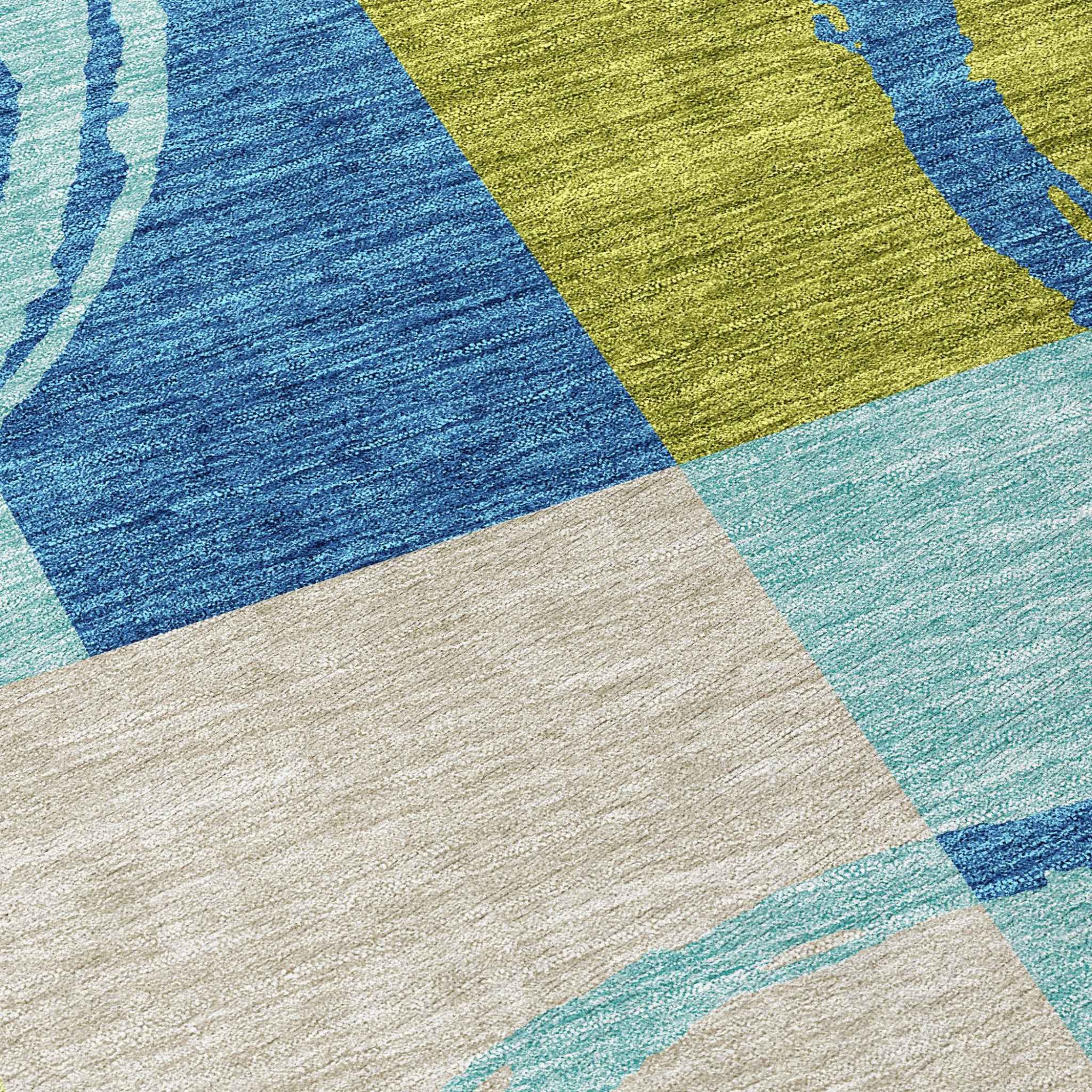 8' Denim Blue And Lime Green Round Geometric Washable Indoor Outdoor Area Rug