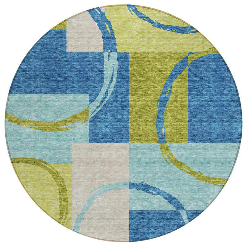 8' Denim Blue And Lime Green Round Geometric Washable Indoor Outdoor Area Rug