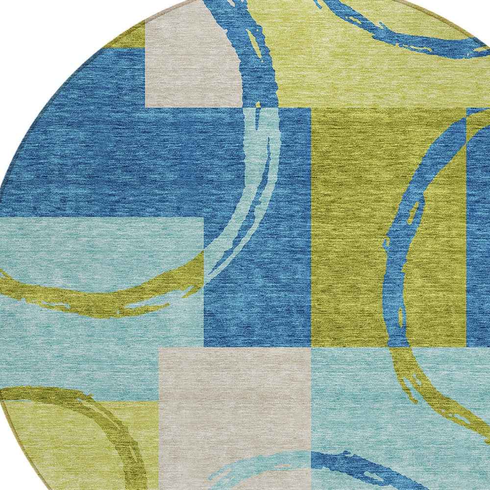 8' Denim Blue And Lime Green Round Geometric Washable Indoor Outdoor Area Rug