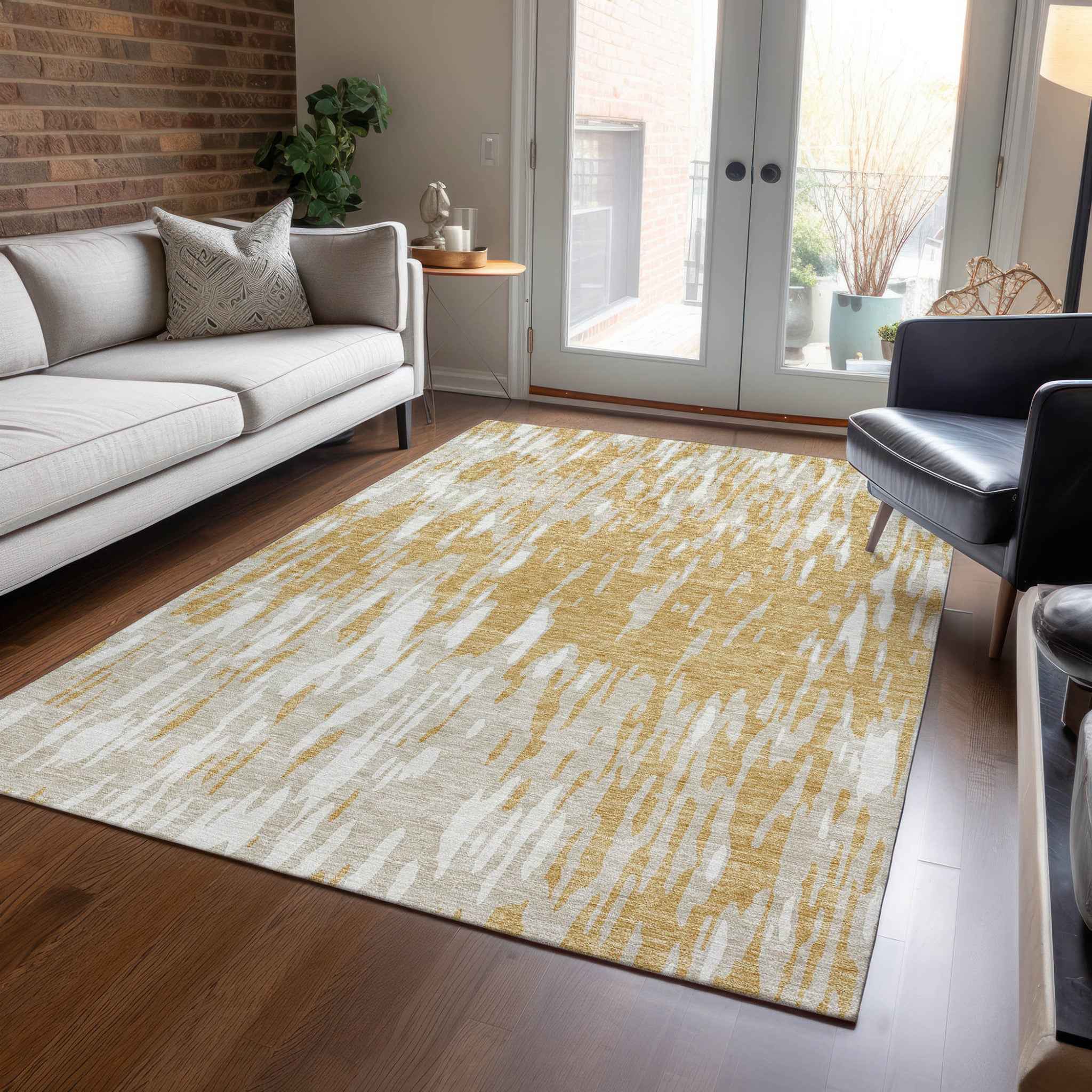 3' X 5' Gold And Ivory Abstract Washable Indoor Outdoor Area Rug