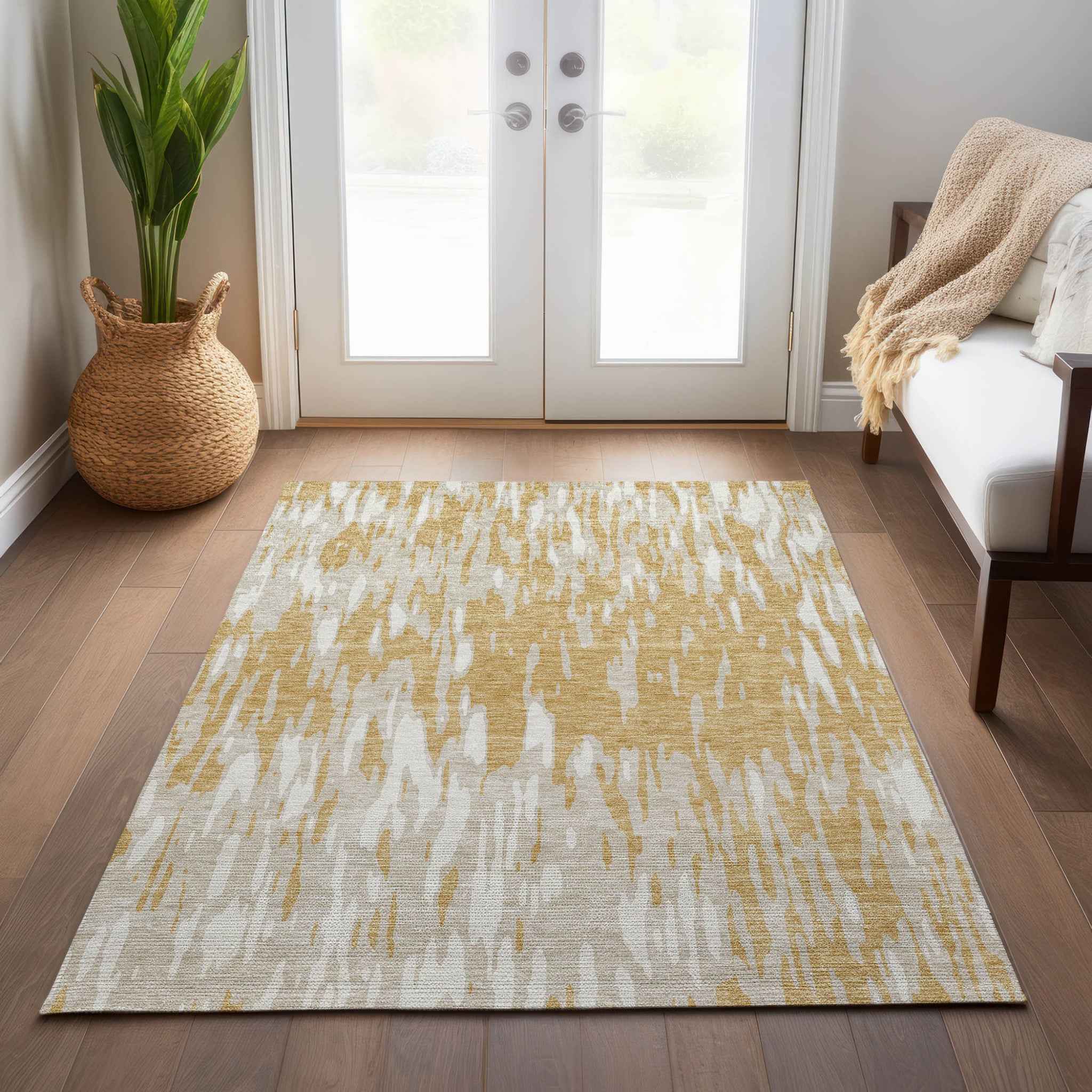 3' X 5' Gold And Ivory Abstract Washable Indoor Outdoor Area Rug