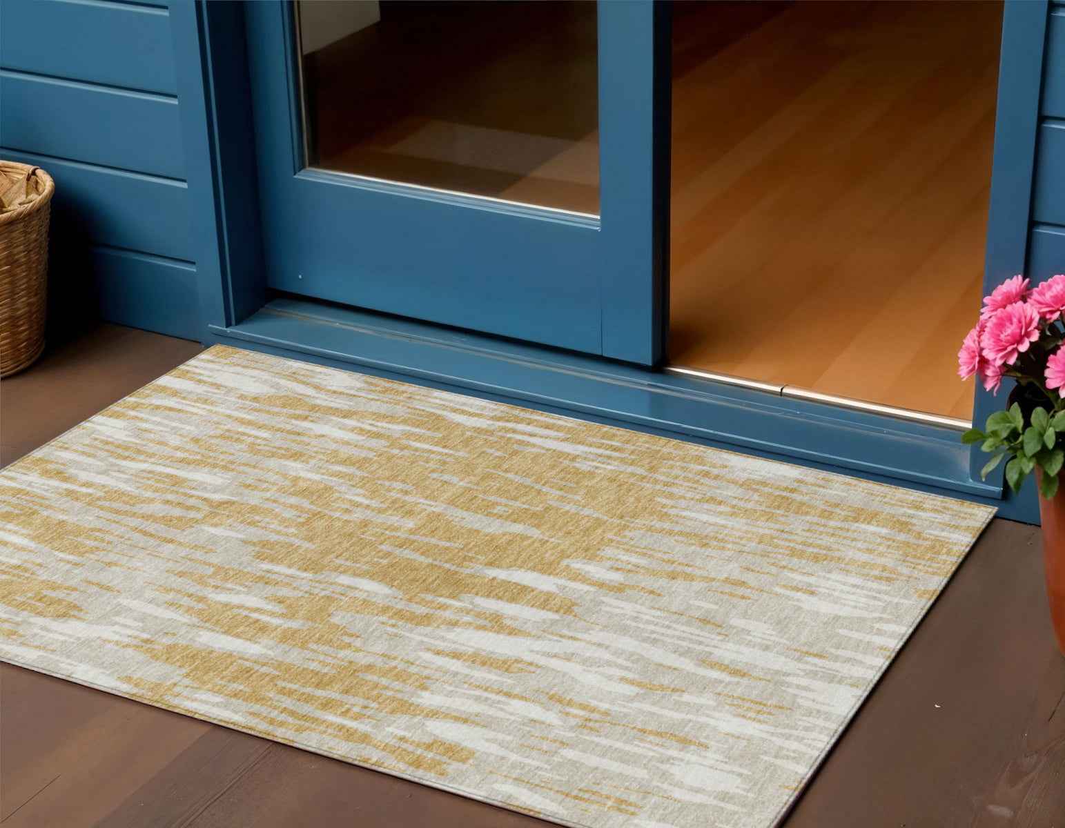 3' X 5' Gold And Ivory Abstract Washable Indoor Outdoor Area Rug
