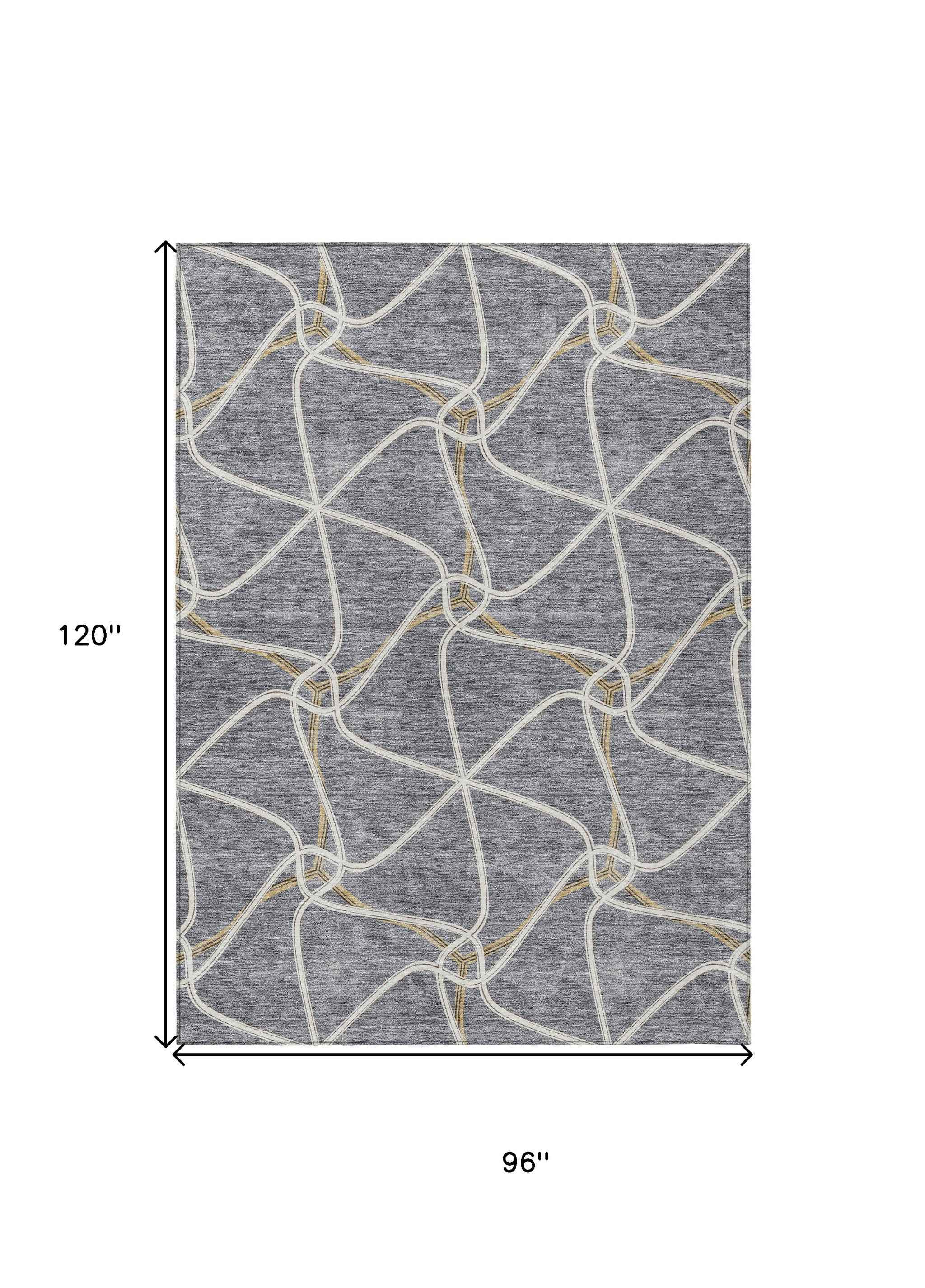 8' X 10' Gray And Ivory Geometric Washable Indoor Outdoor Area Rug