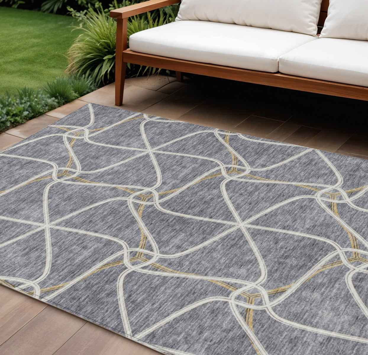 8' X 10' Gray And Ivory Geometric Washable Indoor Outdoor Area Rug
