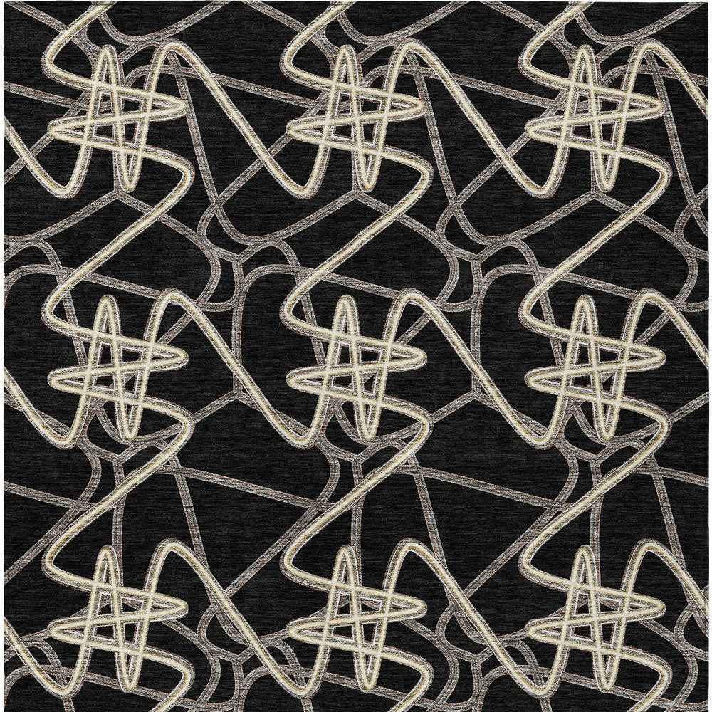 10' X 14' Black Ivory And Brown Geometric Washable Indoor Outdoor Area Rug